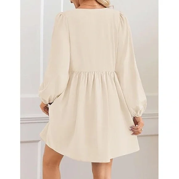 NWT Women's Dress Fall Long Puff Sleeve Self Tie Front Babydoll A Line Dress S - Picture 2 of 9